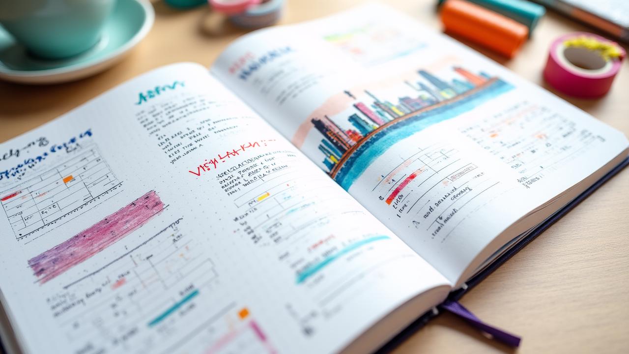 A colorful and beautifully decorated bullet journal spread with Nashville-inspired illustrations