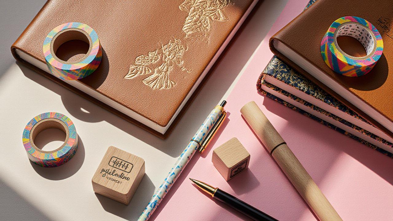 Vibrant flat-lay of washi tapes, journals, and calligraphy pens on a peach surface