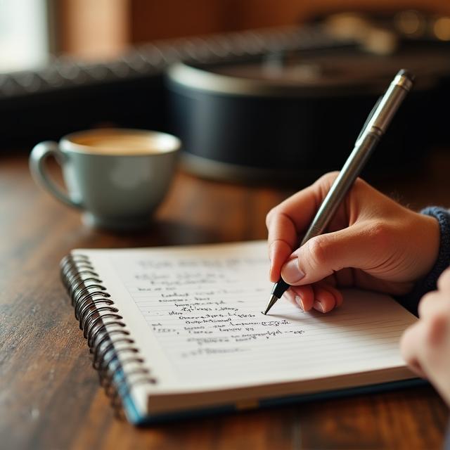 Close up of a songwriter jotted down lyrics in a coffee shop in Nashville