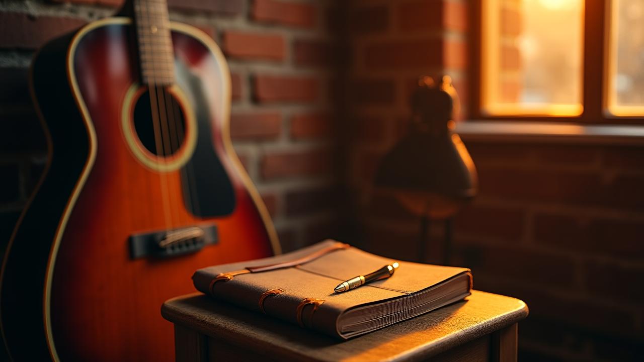 A vintage acoustic guitar leaning against a brick wall with a weathered notebook