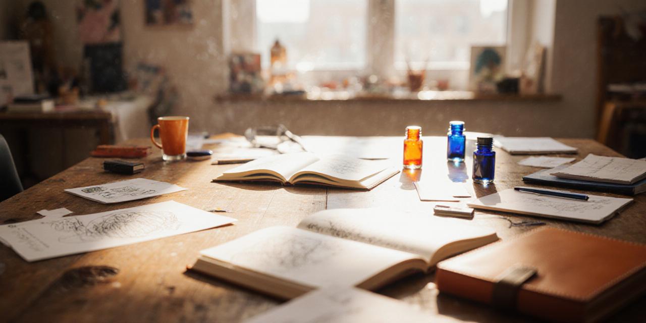 A colorful Nashville art studio workspace filled with notebooks and pens