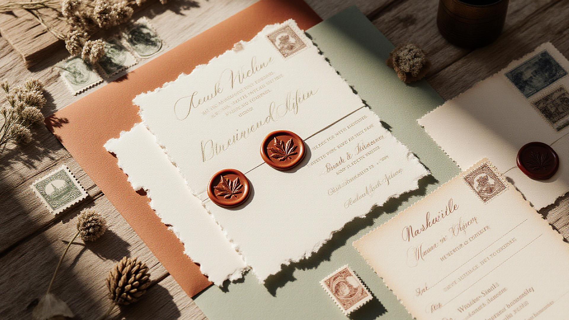 Elegant flat-lay of a boho wedding invitation suite with dried flowers and wax seals